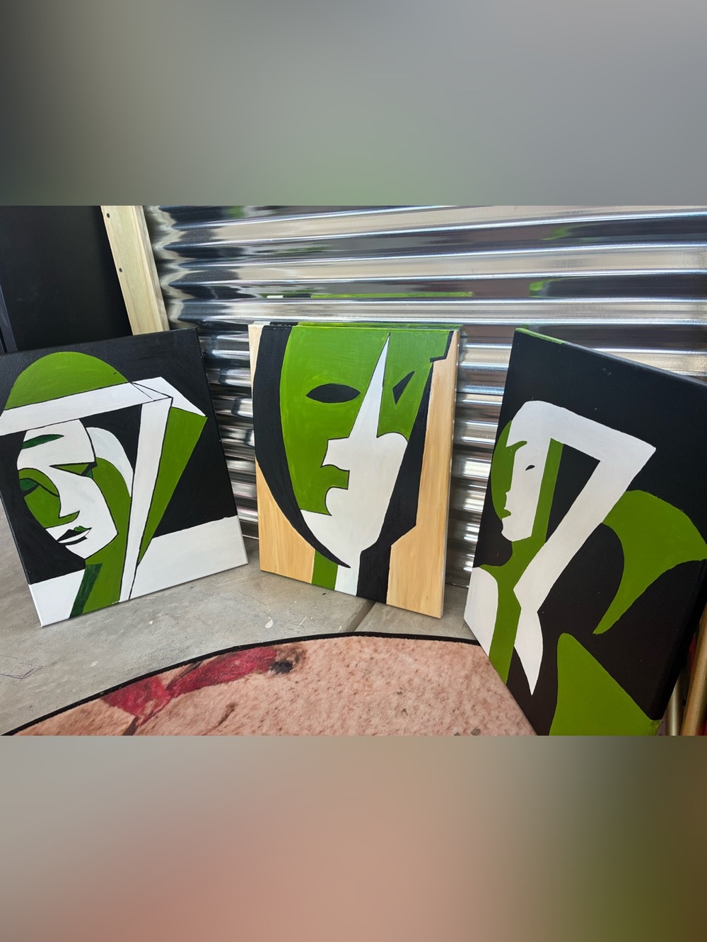 Abstract Green and White Face Canvas Wall Art Set of 3 (16x20)